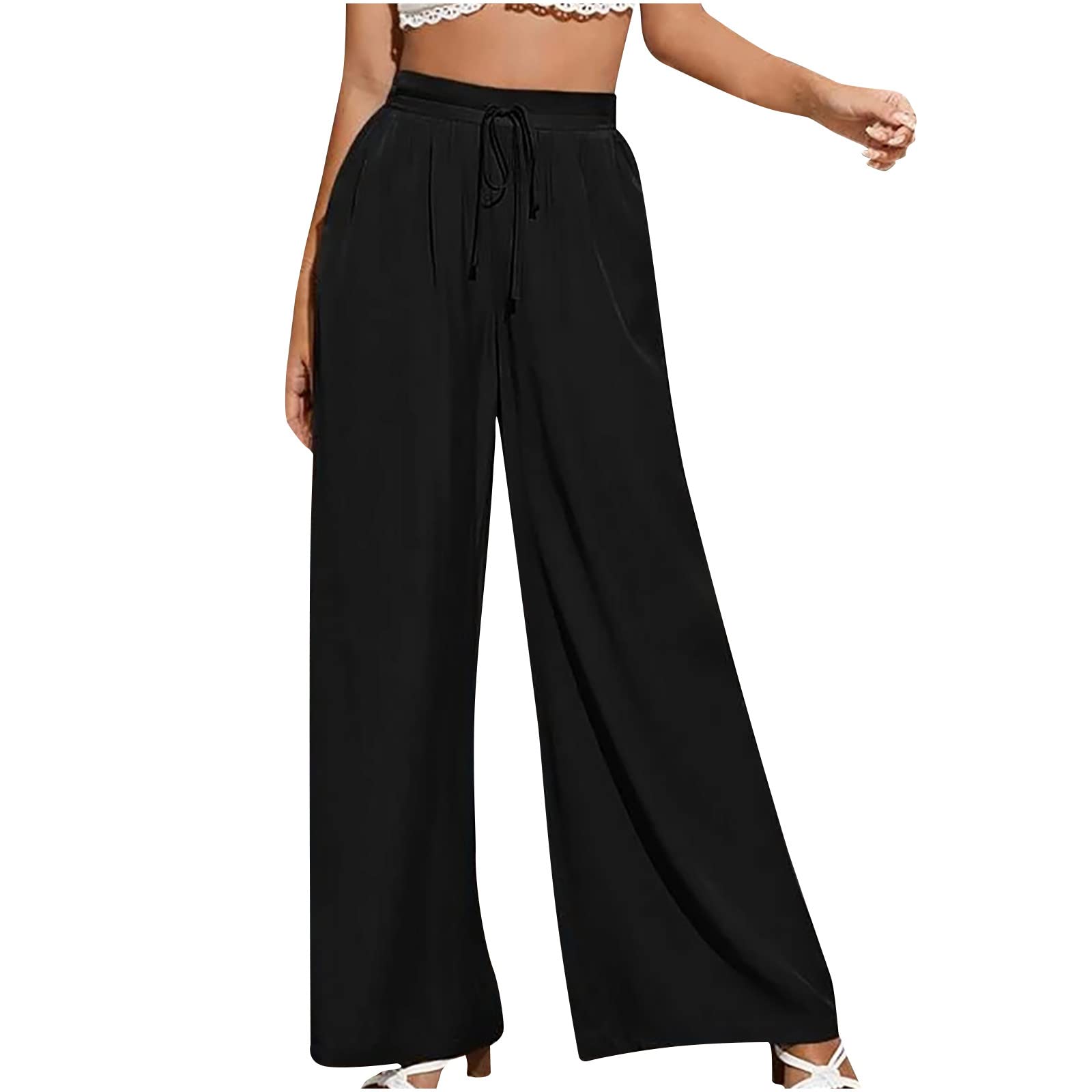Womens Palazzo Long Pants High Waist Wide Leg Pants Soft Loose Fit Casual Work Trousers Elastic Drawstring Dress