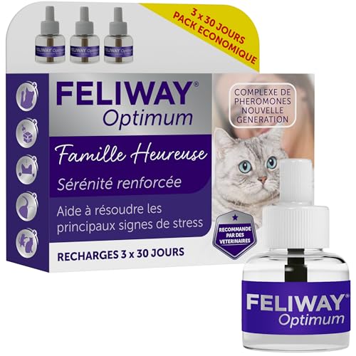 FELIWAY Optimum 3 x 30 giorni - Confezione economica - 3 ricariche per diffusore di feromoni lenitivi per gatti (3 x 48 ml) - Aiuta a ridurre i segni di stress nei gatti e nei gattini