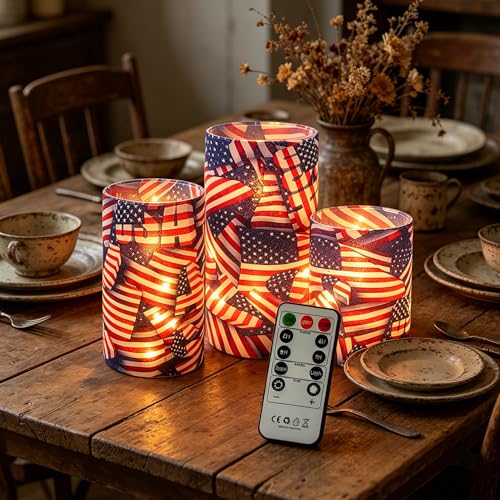 Image of Independence Day Patriot Flickering Flameless Candles US Flag, Embedded Star String Lights, Battery Operated Acrylic LED Pillar Candles with 11-Key Remote and Timer for Home Decoration, 3 Pack
