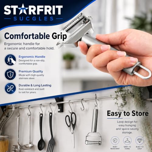 Image of STARFRIT SUCGLES 3-in-1 Stainless Steel Vegetable Peeler, Julienne Slicer & Fruit Peeler, Ultra Sharp Kitchen Cutter and Shredder for Potato, Carrot, Cucumber & Vegetables