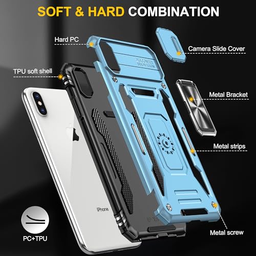 Image of Polycarbonate Slide Camera Cover with Ring Holder Mobile Phone Back Cover for iPhone X /XS (Blue)