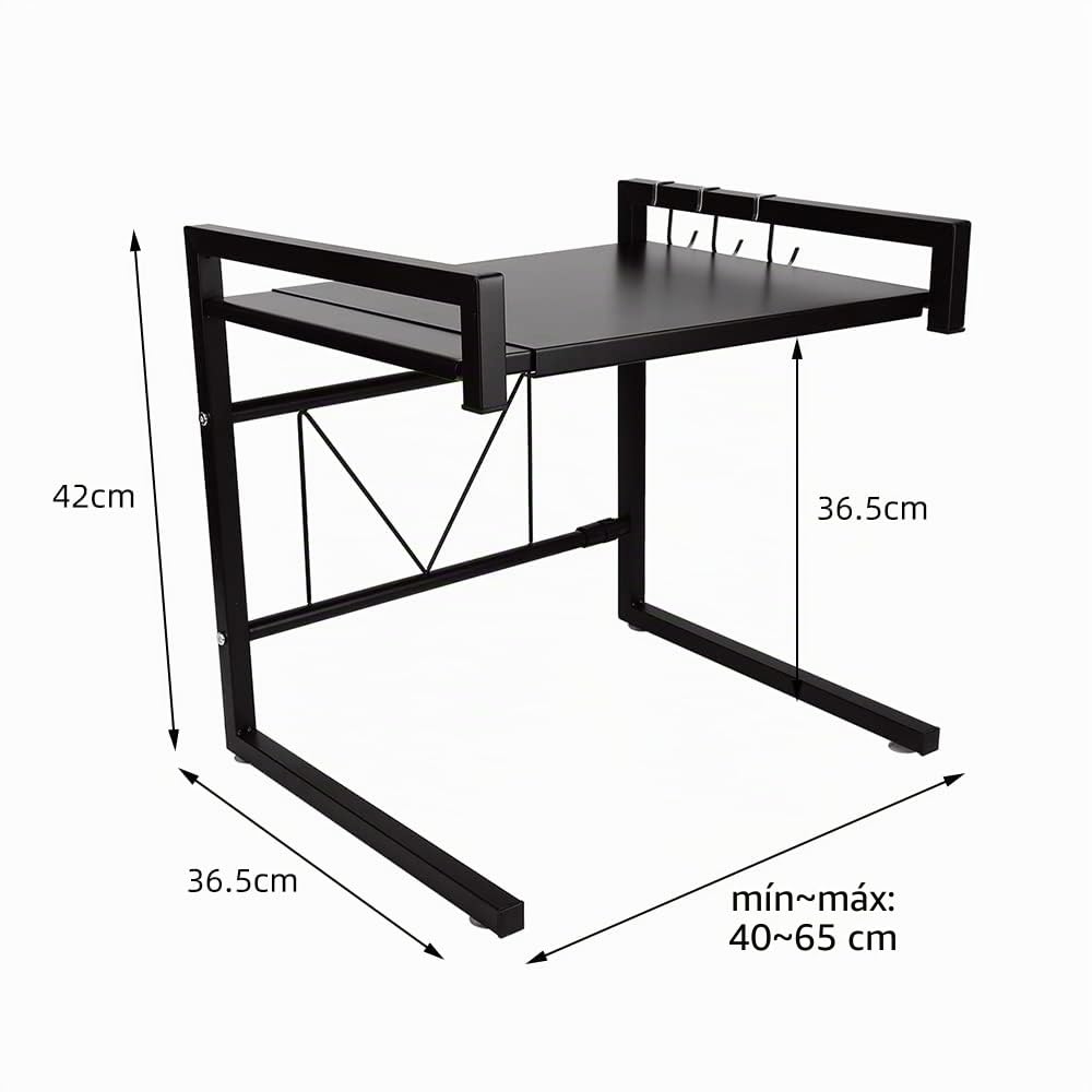 RELOVE Extensible soporte para microondas de metal, altura ajustable, estante de almacenamiento para cocina, titular de especias con 3 ganchos, carga máxima 25 kg (42 cm (40-65 cm)negro
