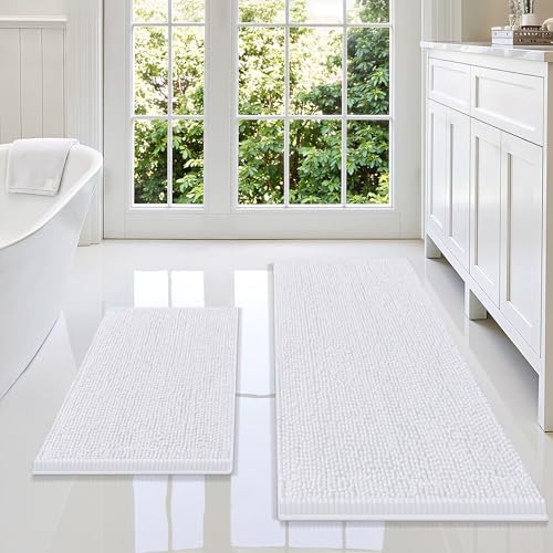 Image of Smiry Bathroom Rugs Sets 2 Piece, Soft Absorbent Chenille Machine Washable Non Slip Shaggy Bath Rug Set for Tub, Shower, and Floor (47x17+24x16, White)