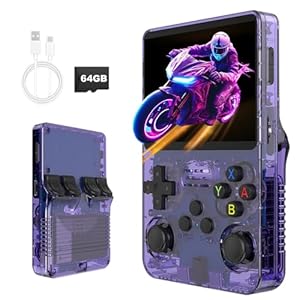 R36S Handheld Spielkonsole, 3, 5 Zoll IPS Bildschirm, 64G Retro Konsole, Tragbare Retro Spielekonsole Support 30000+ Classic Games & Multi-Emulator Unterstützung für Kinder und Erwachsene (Lila)
