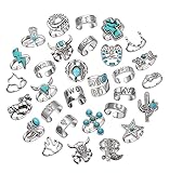 30Pcs Vintage Silver Knuckle Rings Set for Women Men Teen Girls, Western Cowgirl Cowboy Stackable Joint Finger Rings Retro Carved Stone Stacking Midi Adjustable Rings Bohemian Turquoise Boots Cross Cactus Cow Head Rings Pack