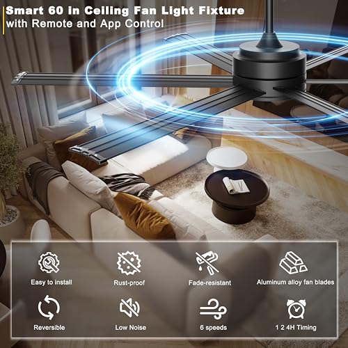 Ohniyou 60" Ceiling Fan No Light - Industrial Fan Remote & APP Control, Quiet DC Motor, Indoor/Outdoor Ceiling Fan for Patio, Shop, Garage, Aluminum Blades, Black thumbnail 2
