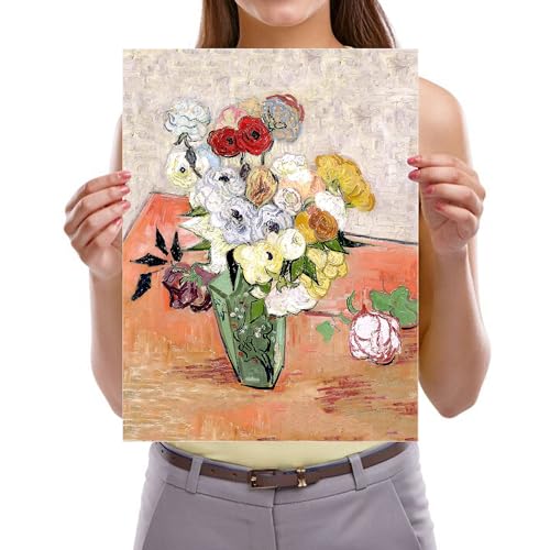 Image of Pyradecor Abstract Flowers Canvas Prints Japanese Vase with Roses and Anemones by Vincent Van Gogh Oil Paintings Reproduction Artwork for Home Office Bedroom Decorations