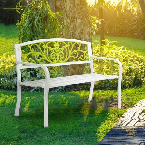 Image of VINGLI Outdoor Bench for Patio Metal Garden Bench w /PVC Back Pattern, Black Park Benches Front Porch Benches for Yard Lawn Decor Deck Entryway (White&Green)