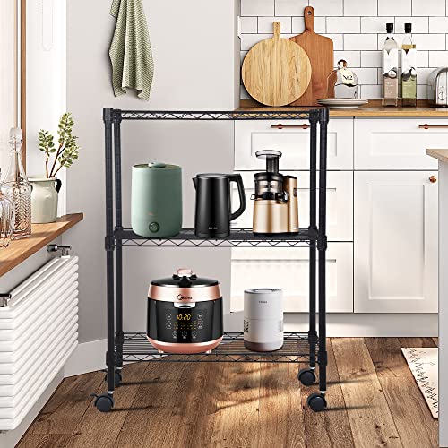 Image of BestOffice | 3-Tier Wire Storage Shelves with Wheels | 23x13x31 | Black | Adjustable Racks | Heavy-Duty Metal Shelf, Holds Upto 170 lbs | No-Tool Assembly | Ideal for Home & Garage Shelving