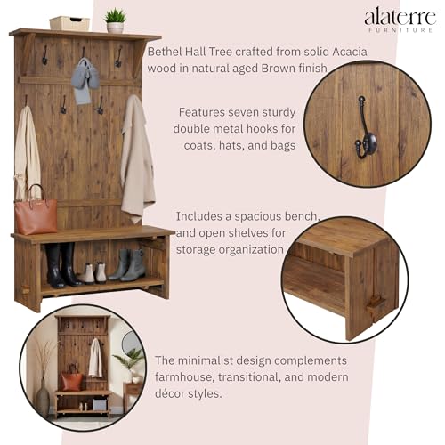 Alaterre Furniture Bethel 70-Inch Acacia Wood Hall Tree with Bench, Storage Shelves & Metal Coat Hooks – Entryway Organizer for Mudroom, Hallway, or Kitchen (Natural Aged Brown Finish)