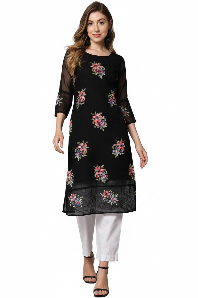 heturaj fashion Women’s White Floral Embroidered Straight Kurti | Georgette | 3/4 Sleeve Ethnic Wear-picture-54