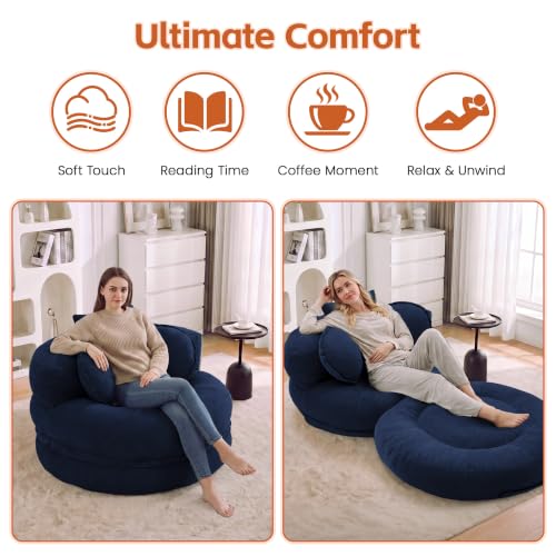 Image of Boneless Convertible Round Floor Sofa Chair with Expandable Seat, Navy