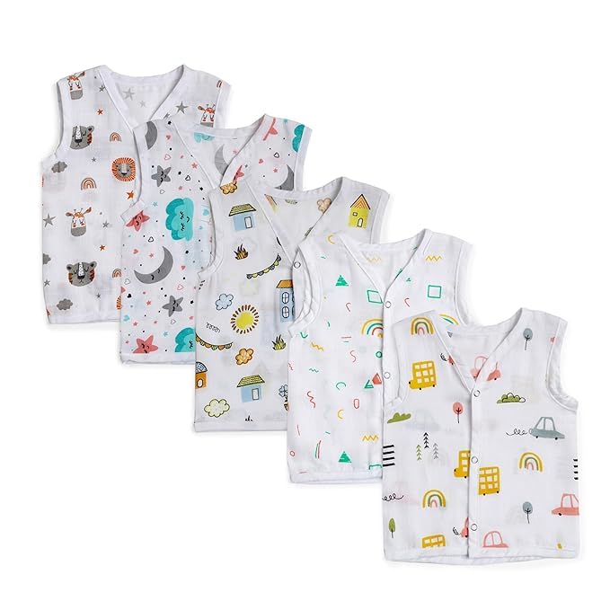 100% Organic Soft Cotton Muslin Sleeveless Jhabla for Baby Boys | Regular Fit Vest for Infant Summerwear Set I-image-4