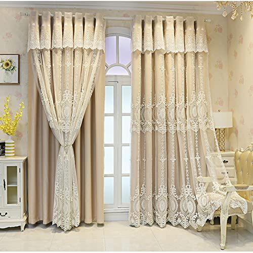 SHUNHUA Blackout Curtains Double Layer Window Curtain-European Style lace Embroidery Double Deck Blackout Tulle Curtain,Living Room Layered Eyelet Drapes Valance Panel,Girl Be