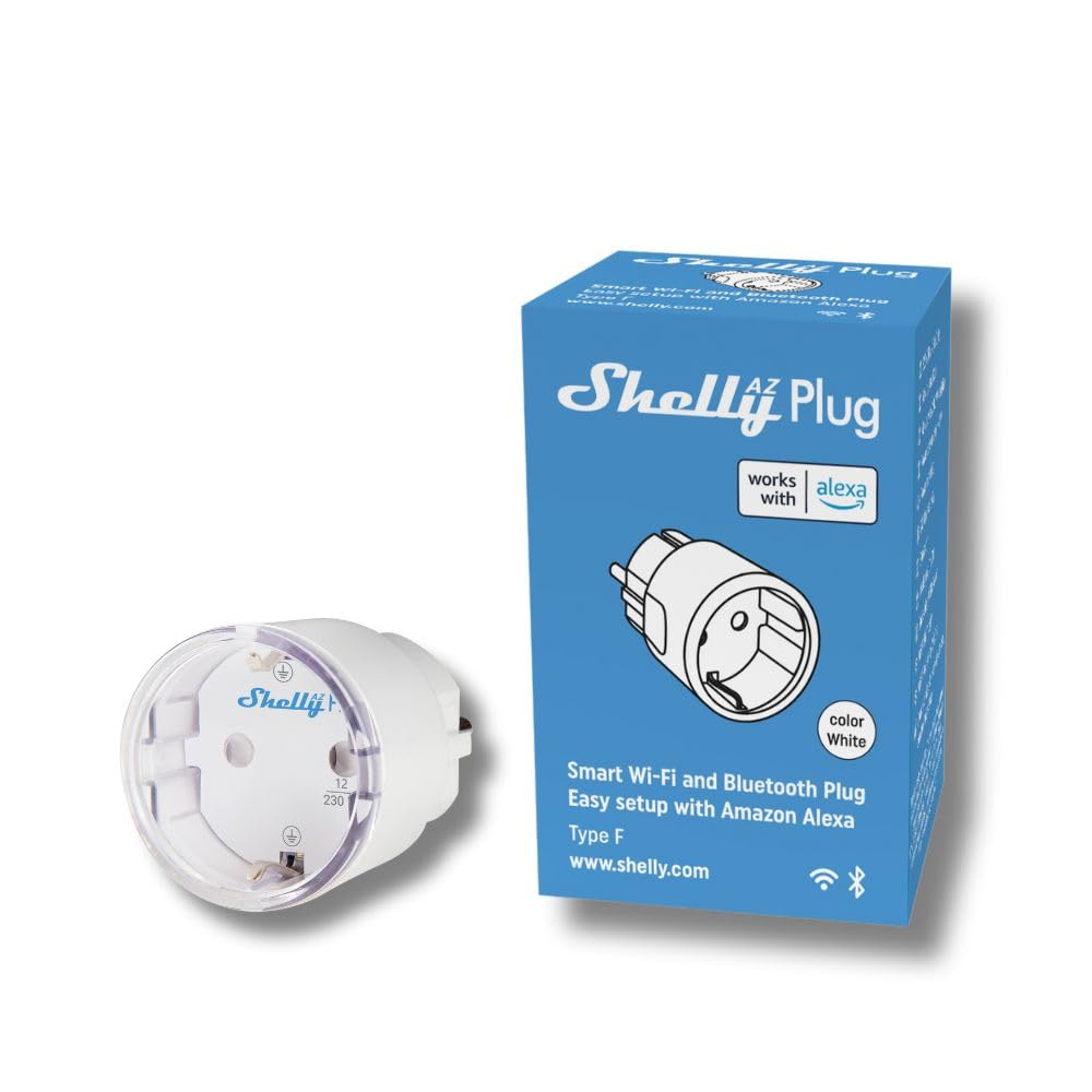 ShellyAZ Plug White, Wi-Fi Powered Smart Socket, Power Measurement, 12A, 2500W, Frustration-Free Setup, Compatible with Alexa, No Hub Required, Device Monitoring, Remote Control