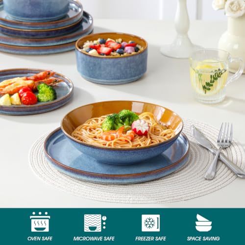 Image of ONION Ceramic Plates and Bowls Sets for 6, 24 Pieces Stoneware Dinnerware Sets for Kitchen, Reactive Glaze Dish Set, Dishwasher and Microwave Safe, Blue