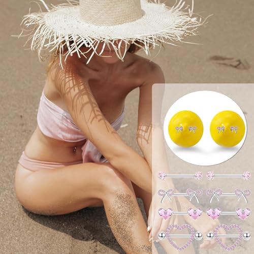 4 Pairs 14G G23 Titanium Nipple Rings for Women Heart Nipple Barbell Tongue Rings CZ Nipple Ring Set Cute Bow Nipplerings Piercing Jewelry 5