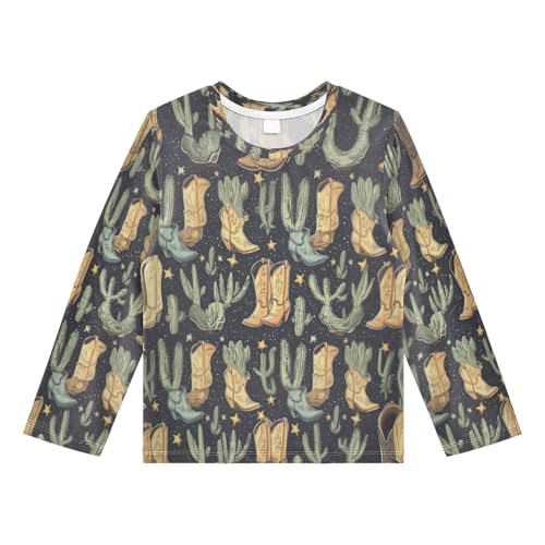 Cowboy Boots and Cactus Pattern Boys Rash Guard Long Sleeve UPF 50+ Boys Swim Shirt Quick Dry Shirt for 3-12 Years