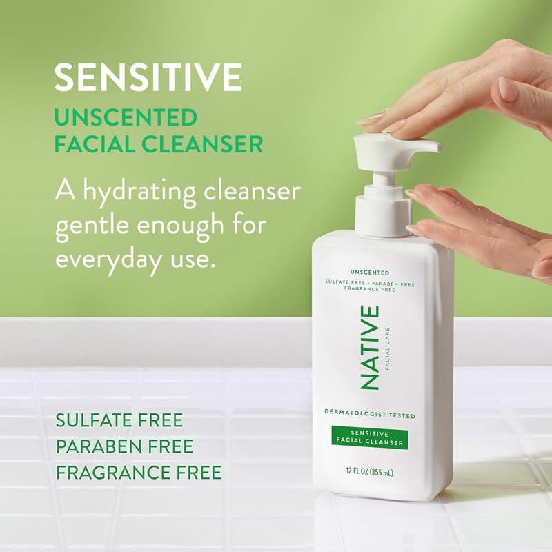 Native Sensitive Face Wash, Spa Day Every Day Facial Cleanser (2 Pack) | Daily Face Cleaner with Aloe and Vitamin B3, Unscented, 12 fl oz