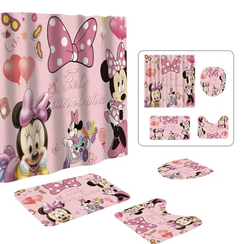 Cute Cartoon Shower Curtain Set 4 Piece with Non-Slip Rugs Toilet Lid Cover and Bath Mat Cartoon Bathroom Decor 72 x 72inch (Minnie)