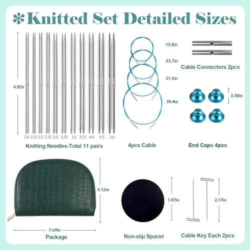 Image of Yarniss Small Circular Knitting Needle with Case 2.0~5.0mm,11 Pair Stainless Steel Interchangeable Knitting Needles with Rotating Cables,4.92-Inch Lace Knitting Needles Set