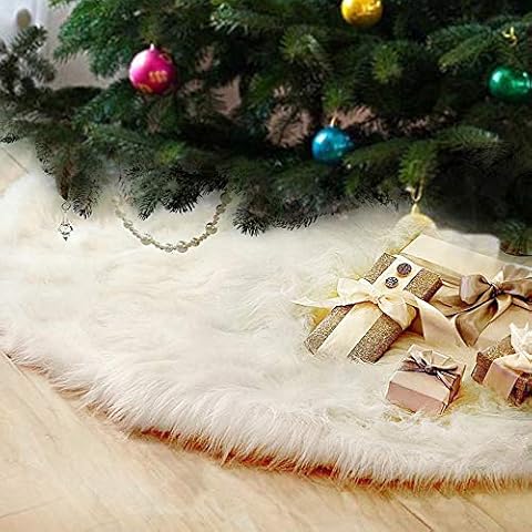 FlowersSea Christmas Tree Skirts 152cm White Luxury Faux Fur Xmas Tree Ornaments Plush Skirt Holiday Decoration New Year Party Cover