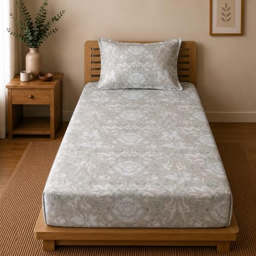 Image of Linen Home Cotton Percale Fitted Bedsheet Set Single Size Damask Brown
