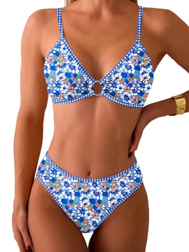 Image of Fanuerg Women's Triangle Bikini Sets O Ring Linked Two Piece Swimsuits Floral Printed Cheeky Bathing Suit