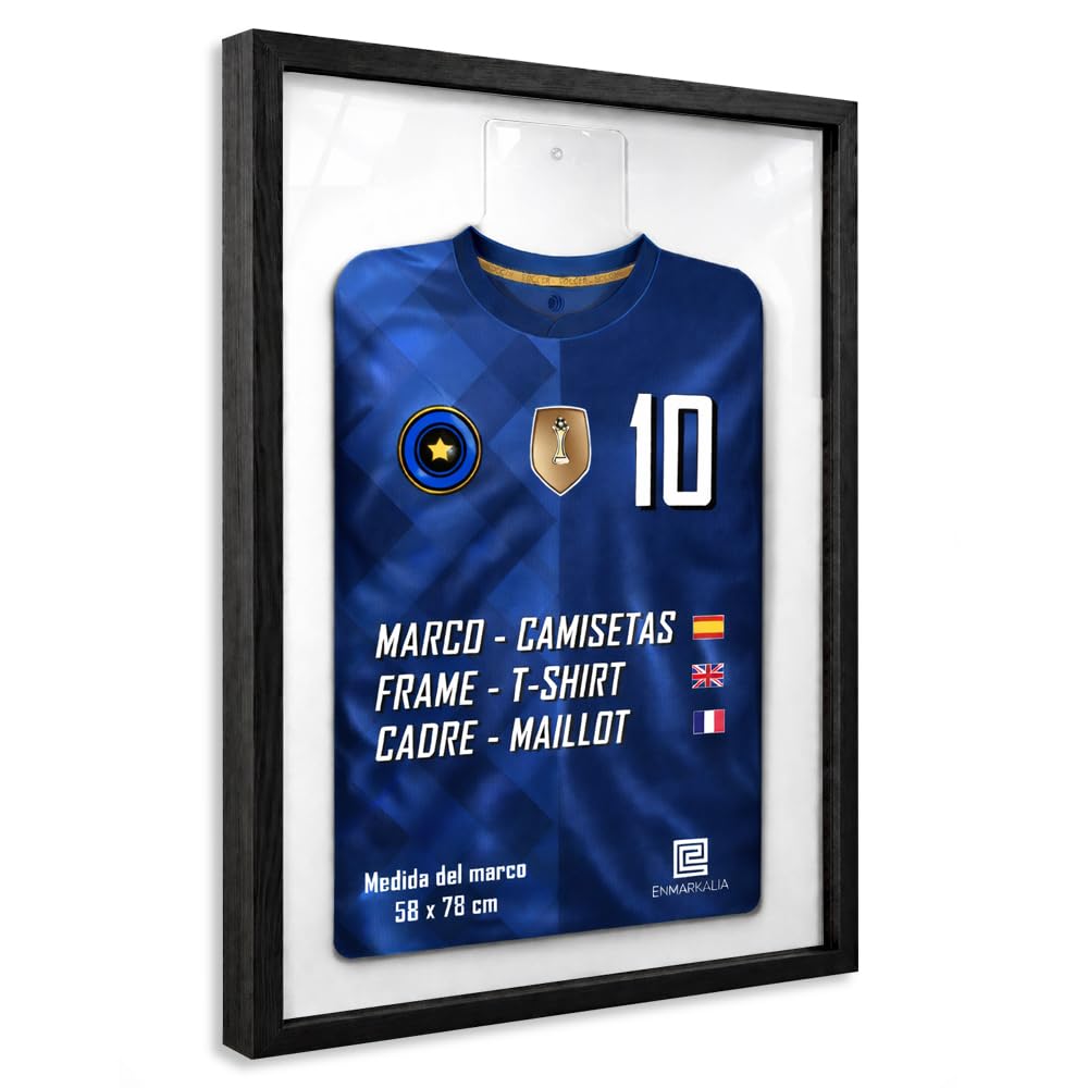 Marco para Camisetas de fútbol 58x78 cm con Soporte de Metacrilato – Expositor de Camiseta deportiva, Cuadro Decorativo de Pared, Acabado Profesional, Fácil Montaje – Marco Negro con Fondo Blanco