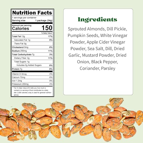 Image of Daily Crunch Sprouted Almonds, 1.2 Ounce Mini, On-The-Go Bags, Sprouted and Dehydrated for a Unique Crunch, Keto Friendly, Non-GMO 1.2 Ounce (8 Pack, Dill Pickle)