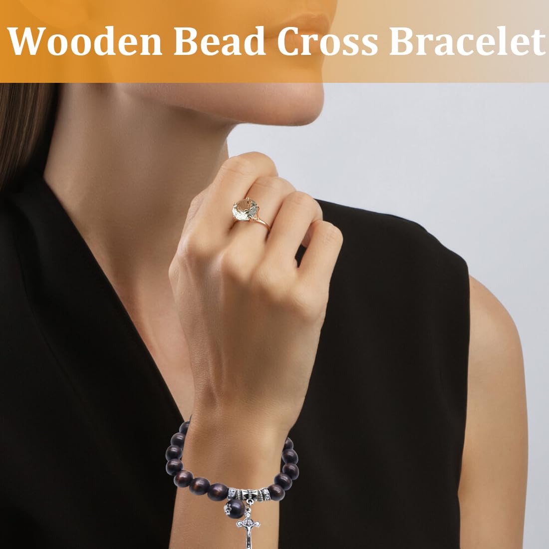 Perle in Legno per Rosario Cattolico con Croce in Bronzo Placcatura Bracciale Uomo Donna Marrone scuro
