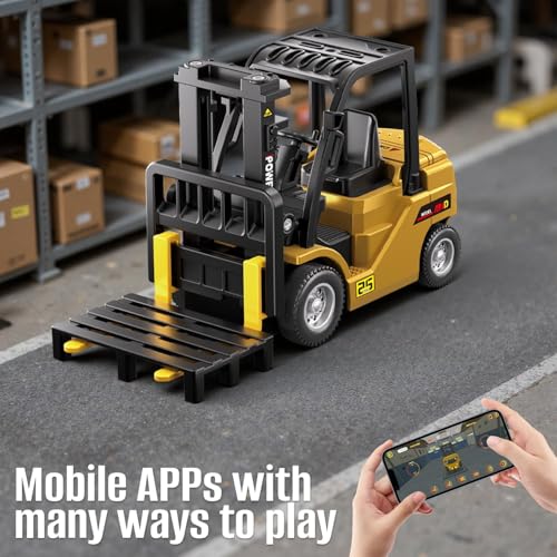 Image of PLUSPOINT 1 /64 RC Forklift Toy, Remote Control Forklift Truck with Rechargeable Battery, 10 Channel 2 Modes, Transformable Lift Fork & Hook, Lights & Sounds, Construction Toy Gift for Kids Boys