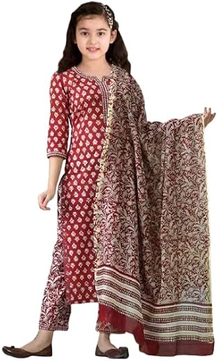 BHOLUKART Girls Cotton Kurta and Pant with Dupatta | Printed Salwar Suit Set | Ethnic 3-piece Dress for Kids Girls