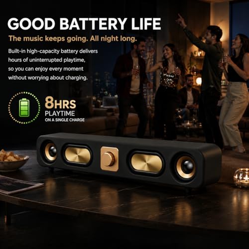 Image of CASON 25W Portable Wireless Bluetooth Soundbar- Vintage Stereo Speakers with FM Radio Sound,8 Hours Battery Life, AUX /USB /TF Card Input,Type C Charging (Black)