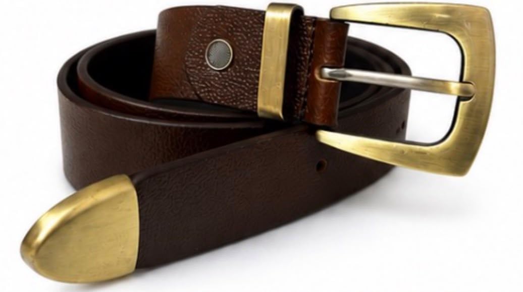 Men's Brown Leather Belt with Antique Brass Buckle and Tip-image-14