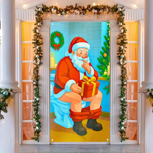 Image of BlissYard Holiday Door Cover Santa Wrapped Box 35x71 Inch Polyester