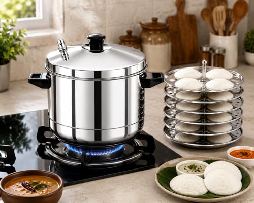 Image of Abee Stainless Steel Idli Cooker with 6 Idli Plates (24 Idli Capacity) | Heavy Duty Idli Steamer for Soft Idlis, Momos & Dhokla | Food Grade Steam Cooker with Lid & Strong Handles
