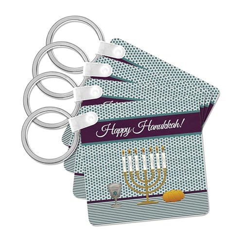 3dRose, Menorah, Lighted Candles, Star of David on Kiddush Cup, Challah Bread, set of 4 Key Chains