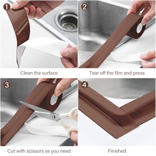Image of 3 Rolls 1.5 Inch Caulk Tape Self Adhesive Toilet Caulking Strip Bathroom Sealing Caulk Strip Peel and Stick Bathtub Caulking Tape, 10.5 Feet Each Roll (Brown)