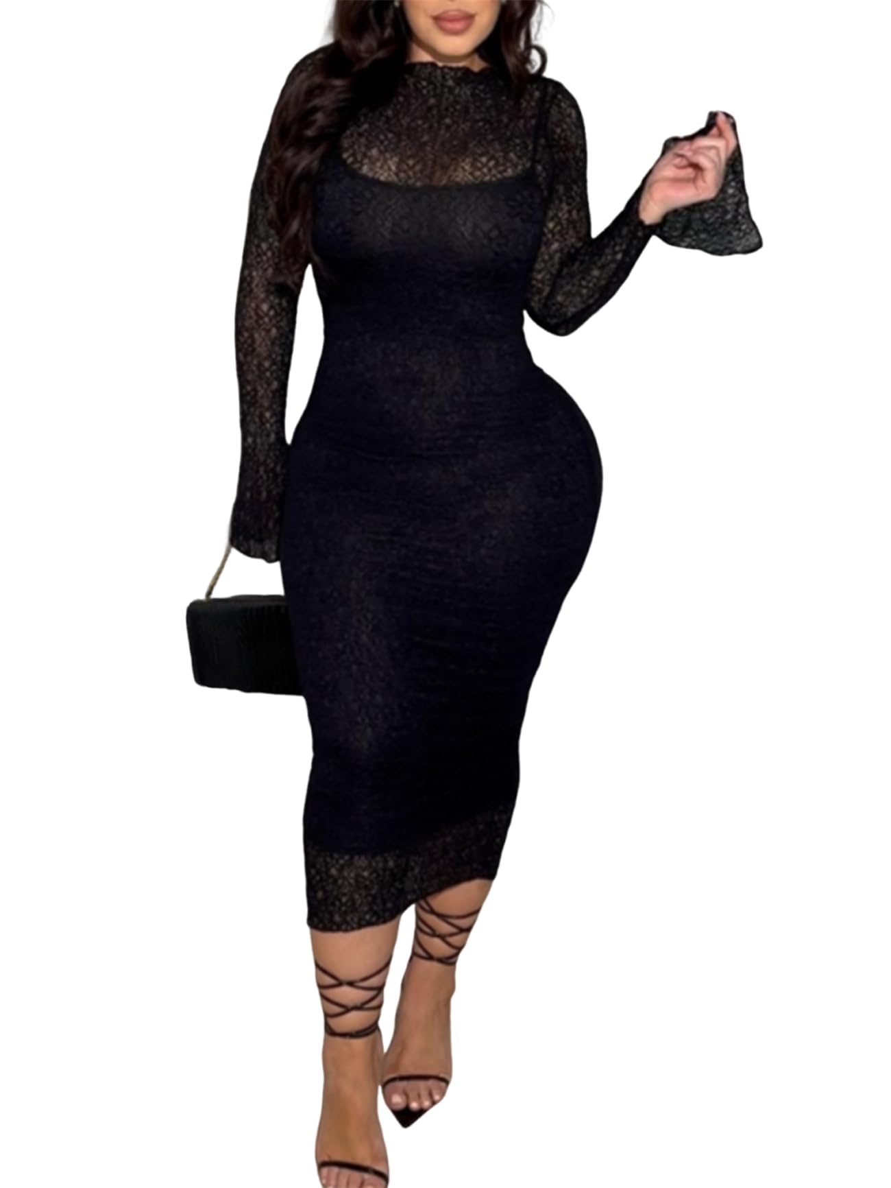 Uni Clau Womens 2 Piece Lace Dress Set Elegant Bodycon Midi Dress Birthday Party Wedding Guest Dresses