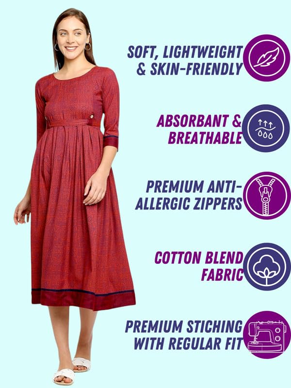 Image of DUMMY SHAPE Maternity Gown for Women | Feeding Flare Kurta with Dual Nursing Zippers for Pre & Post Partum | Maternity Dresses for Women Cotton (DS-MAT-P052 2XL, Maroon)