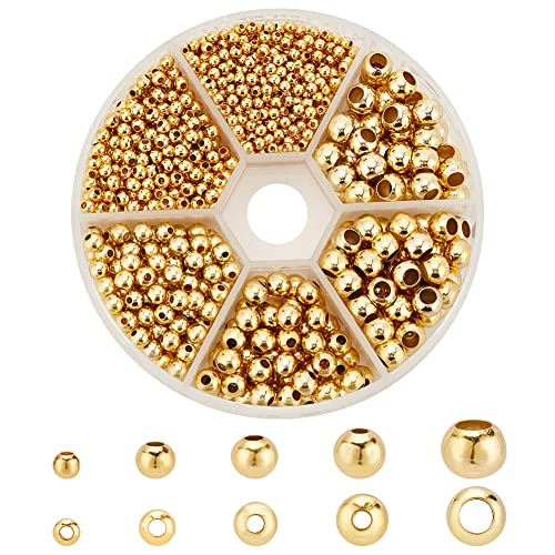 PH PandaHall 1430 pcs Smooth Round Brass Beads, Rondelle Spacer Beads with Large Hole for DIY Jewellery Making, Golden, 2.4/3/4/5/6mm