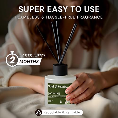 Image of Soul & Scents 50ml Jasmine Reed Diffuser Set | Essence of Orris and Patchouli | Get 5 Rattan Reed Sticks | Smoke Less Room Freshener for Home, Bedroom, Living Room & Office