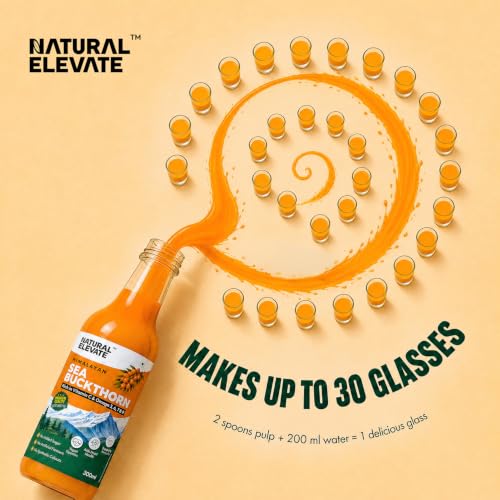 Image of Natural Elevate Pure Himalayan Sea Buckthorn Juice 300ml | Cold-Pressed Sea Buckthorn Pulp Concentrate | Rich in Omega 3, 6, 7 & 9 + Vitamin C | Antioxidant-Rich Nutraceutical | Supports Immunity, Skin, Heart & Gut Health | No Added Sugar | Lab Tested