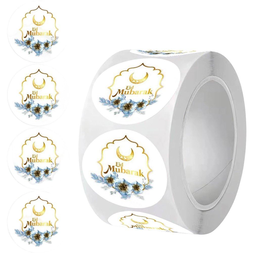 Fituenly Eid Mubarak Stickers, 500pcs Self Adhesive Eid Stickers Round Flower Eid Mubarak Decal for Gifts Bags Sweet Box Cards Sealing Envelopes Eid Labels