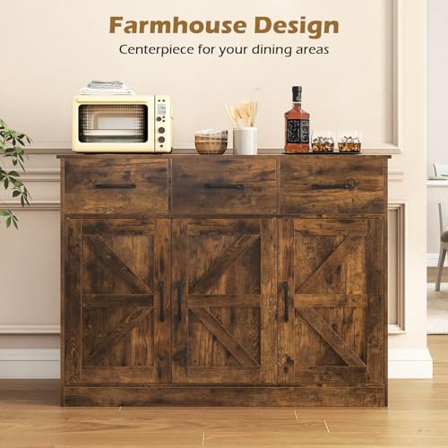 TANGZON Large Wooden Buffet Sideboard – Kitchen Storage Cabinet with 3 Doors, 3 Drawers & Adjustable Shelves for Dining Room (108x38x81cm, Rustic Brown) - Image 8