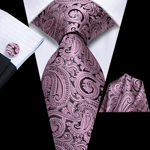Image of Dubulle Mens Paisley Floral Silk Tie for Men Striped Necktie and Pocket Square Cufflinks Set Wedding Business