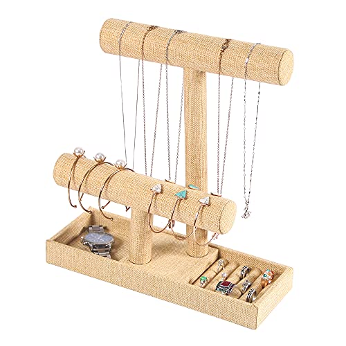 Coward 2 Tier Necklace Bracelet Holder Organizer With ring Tray, Linen Jewelry Display Stand for Watch Scrunchie Lipstick, Perfumes,Nail polish (Yellow Linen)