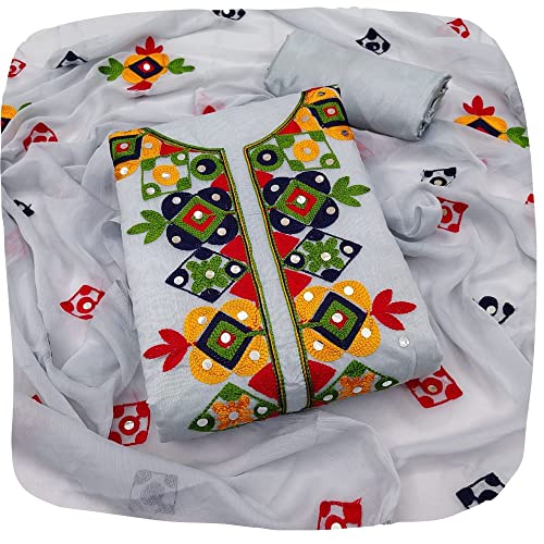 EthnicJunction Women's Rajasthani Mirror Work Chanderi Embroidery Unstitched Salwar Kameez Dress Material