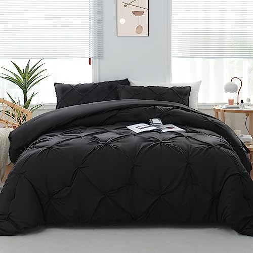 Downcool Queen Comforter Set - 3-Piece Bedding Sets Queen, 1 Pinch Pleated Comforter And 2 Pillowcases, Black Comforter For Queen Size Bed, Soft Bedding Comforters & Sets For All Season #TOP4